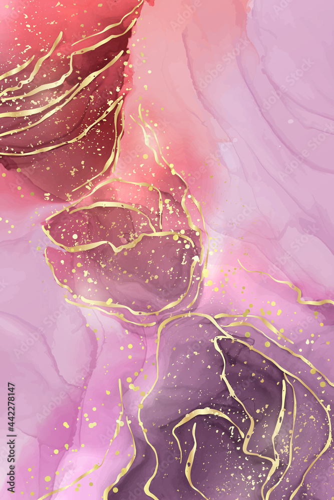 Abstract purple liquid watercolor background with golden stain and lines. Violet geode hand drawn flow alcohol ink effect. Vector illustration design template for wedding invitation