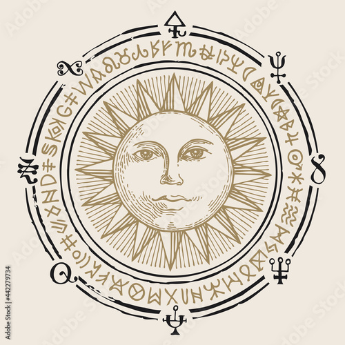 Vector illustration with the hand-drawn Sun and esoteric symbols on an old beige background. Retro style banner, mascot or amulet in the form of a circle with magic signs and runes