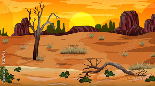 Desert forest landscape at sunset time scene