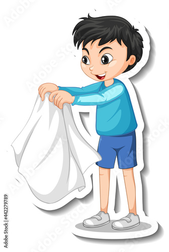 Sticker design with a boy take off his coat isolated