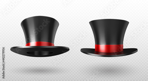 Magician top hat, black vintage cylinder cap with red bow and high crown front view isolated on transparent background. Circus performer headwear for magic tricks, Realistic 3d vector illustration photo