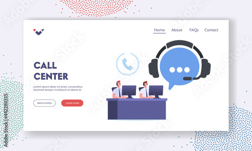 Call Center Landing Page Template. Telemarketing Hotline Operator Characters, Consultation. Technical Online Support