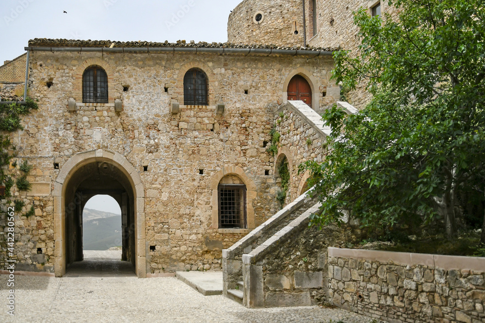 Bovino, Italy, June 23, 2021. The inner courtyard of a medieval castle in an old village in southern Italy.