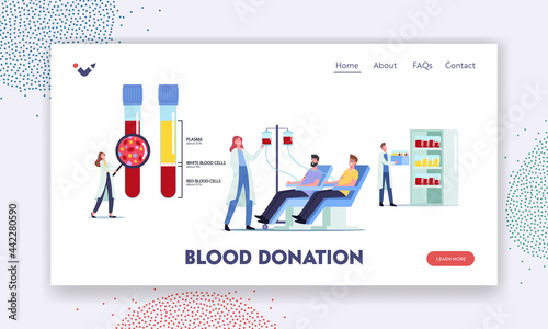 Blood Donation Landing Page Template. Tiny Doctor Character at Huge Glass Flasks with Plasma, White and Red Blood Cells