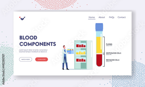 Blood Components, Medicine Landing Page Template. . Tiny Male Doctor Character Carry Bottles with Samples at Huge Flask