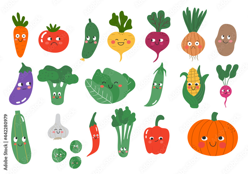 Funny cartoon vegetable characters with various face expression. Healthy  food vector illustration. Harvest collection in flat style showing  different emotions Stock Vector | Adobe Stock