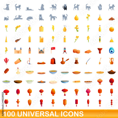 100 universal icons set. Cartoon illustration of 100 universal icons vector set isolated on white background