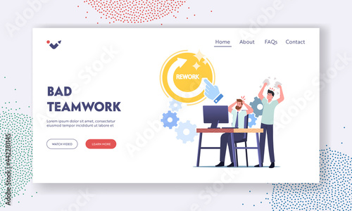 Bad Teamwork Landing Page Template. Angry Boss Character Yelling at Office Employee Scolding for Incompetent Bad Work
