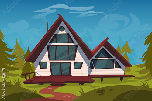 Cottage in forest, wooden house on stilts on green field among coniferous trees. Luxury home with terrace on piles in sunny wood. Eco dwelling, hotel, pc game background, Cartoon vector illustration