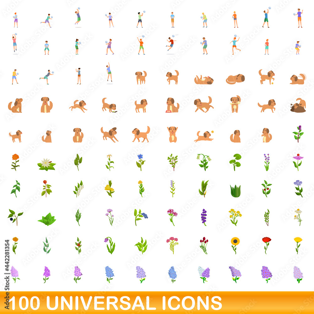 100 universal icons set. Cartoon illustration of 100 universal icons vector set isolated on white background