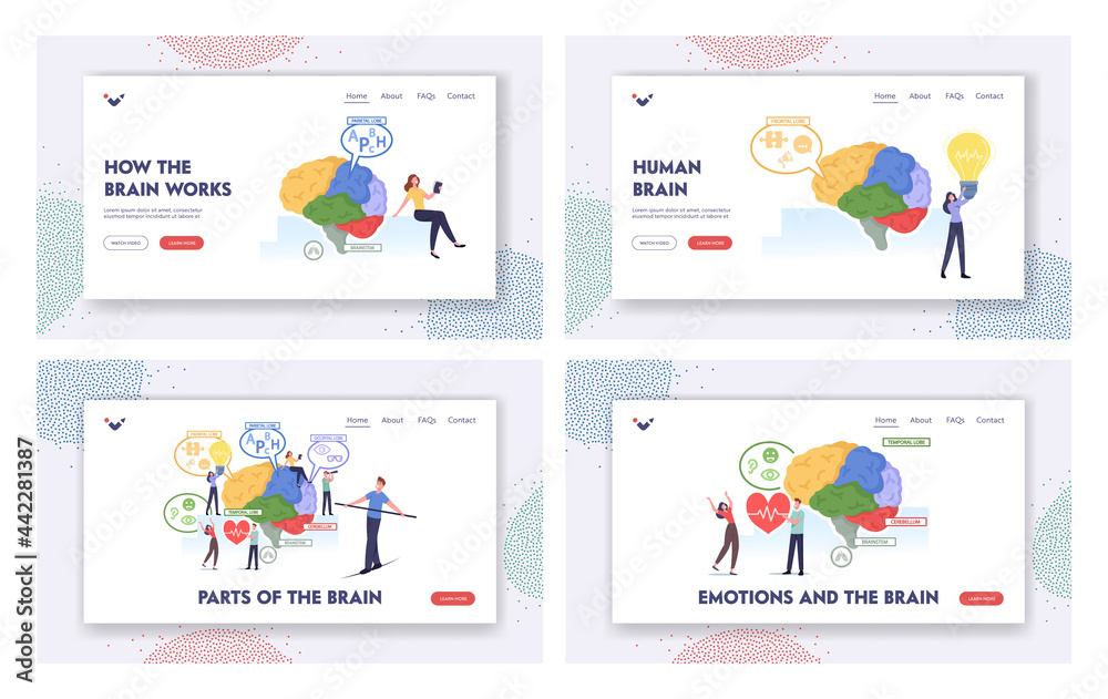 Brain Parts Landing Page Template Set. Tiny Characters at Human Brain Separated on Frontal, Parietal, Occipital Lobes Brain Parts Landing Page Template Set. Tiny Characters at Human Brain Separated on Frontal, Parietal, Occipital Lobes