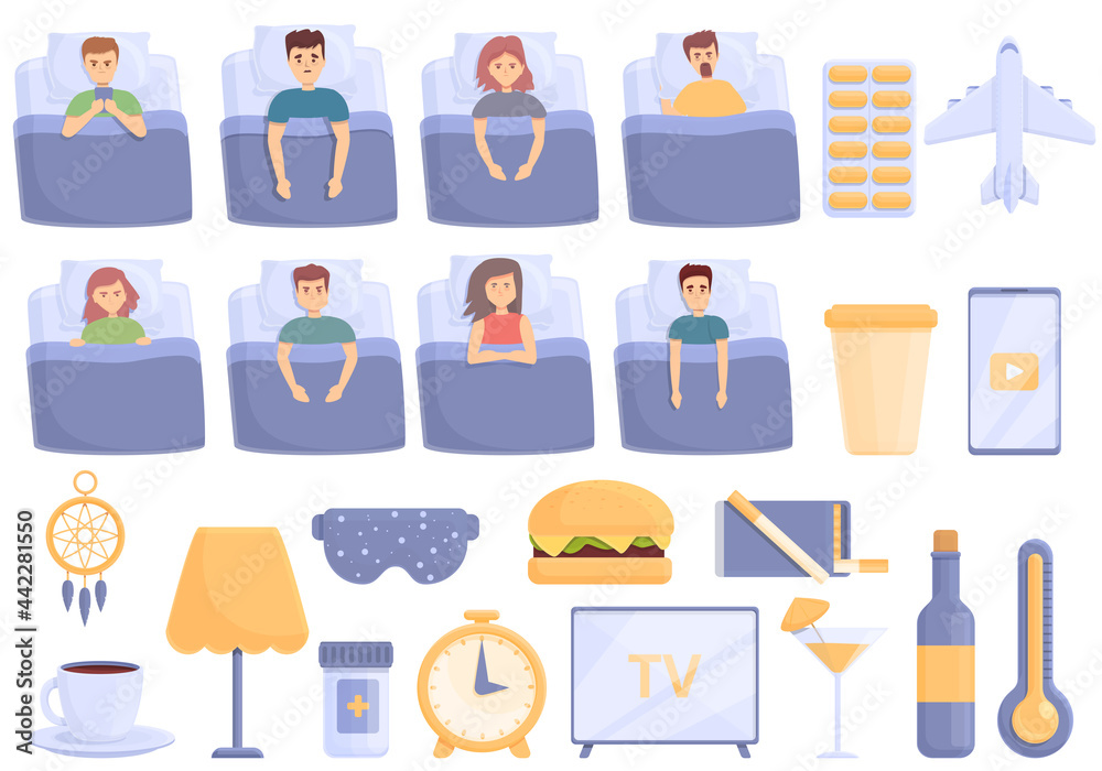 Sleep problems icons set cartoon vector. Sleep pillow and mask. Dream problems Sleep problems icons set cartoon vector. Sleep pillow and mask. Dream problems