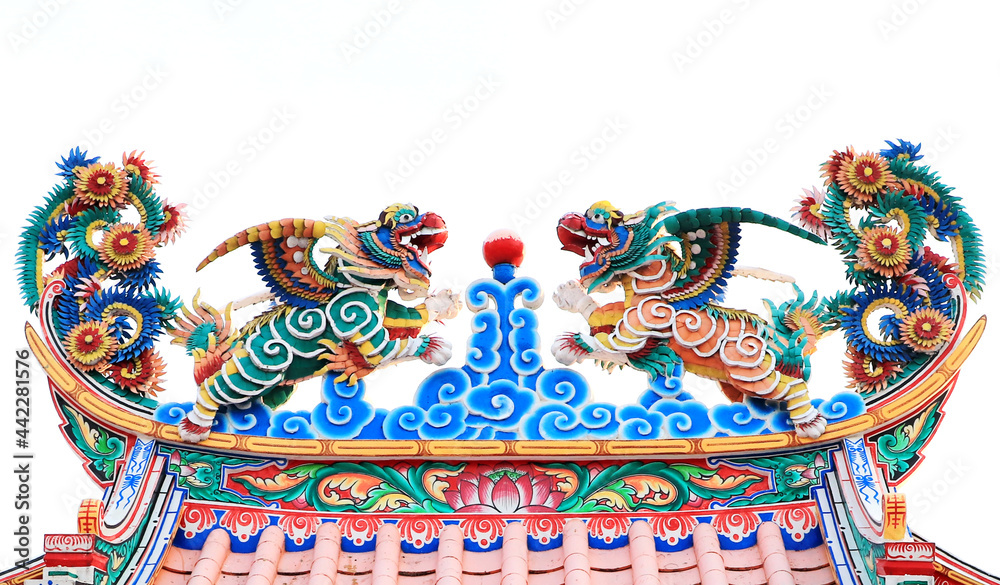 Chinese Dragon Statue on the wall gate isolated white background