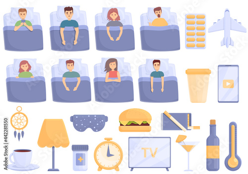 Sleep problems icons set cartoon vector. Sleep pillow and mask. Dream problems