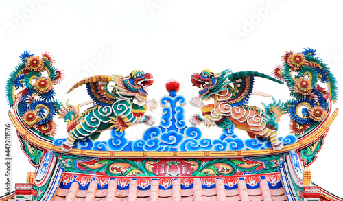 Photography Chinese Dragon Statue on the wall gate isolated white background