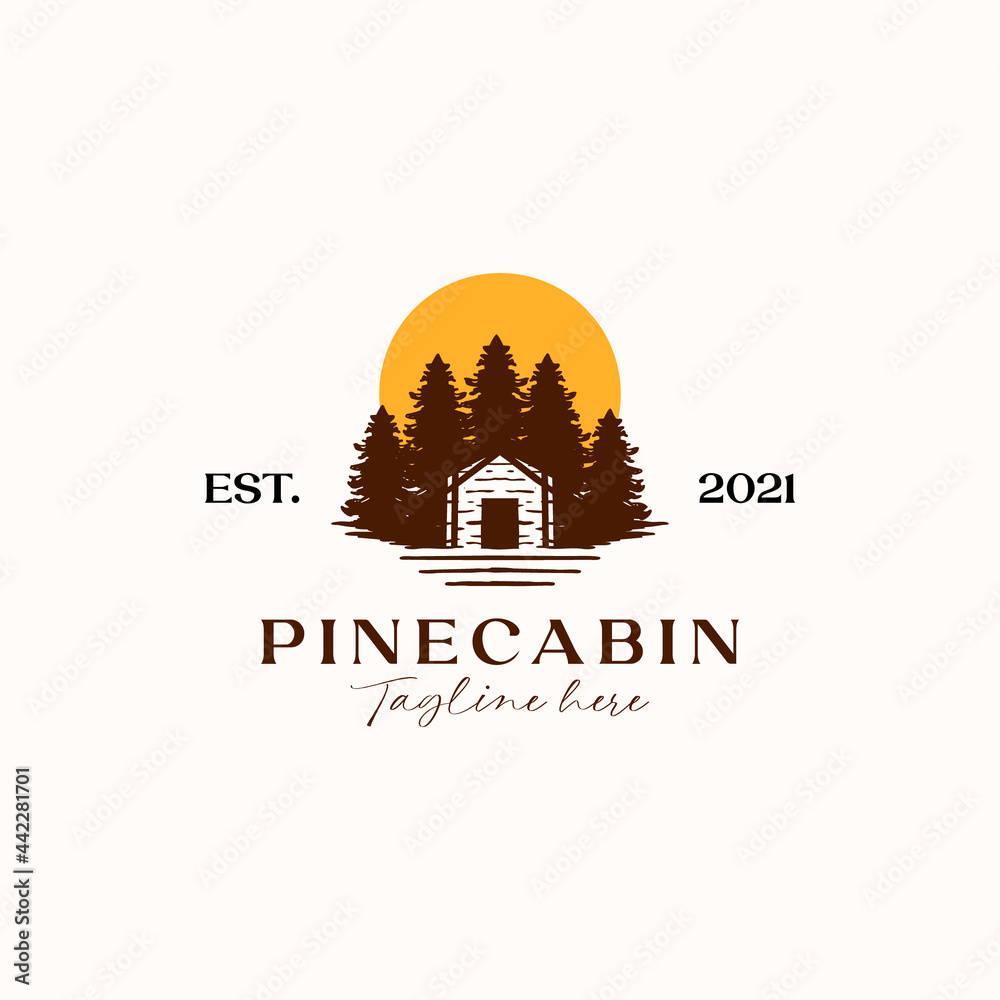 Fototapeta premium Cabin with Pine Tree Sunset Logo Template Isolated in White Background