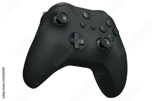Realistic black video game joystick on white background