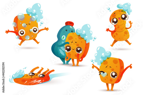 Cute kitchen sponge character in different poses isolated on white background. Vector set of cartoon funny dish washing sponge with soap foam and detergent bottle. Creative emoji set
