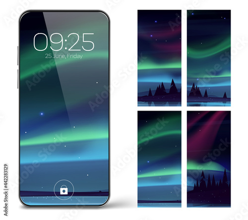 Smartphone lock screen with aurora borealis. Mobile phone onboard page with date and time, northern lights wallpapers background for cellphone device, Cartoon user interface design set