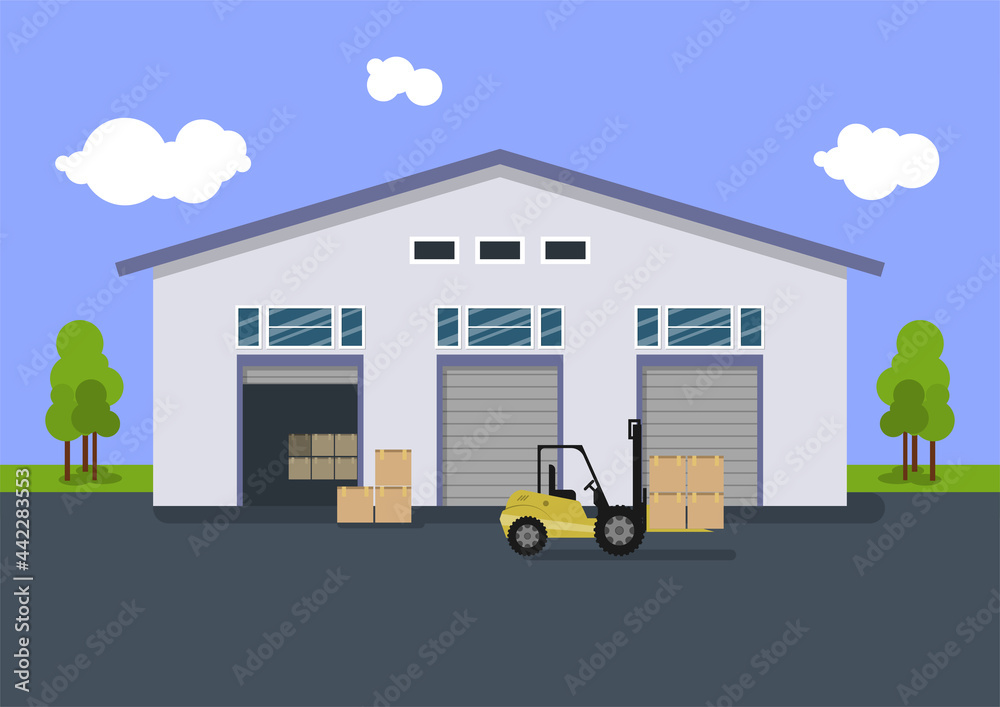 Illustration of a storage area with a warehouse building and a forklift. The flat illustration, design is suitable for graphic design resources Illustration of a storage area with a warehouse building and a forklift. The flat illustration, design is suitable for graphic design resources