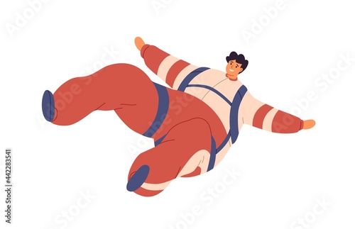 Free fall of happy active man. Person smiling during skydiving jump. Skyjumper floating in air and flying down. Colored flat vector illustration of parachutist isolated on white background