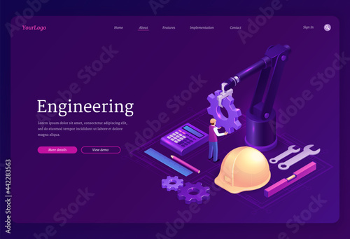 Engineering isometric landing page. Engineer on robotics factory with robot arm holding huge gear  create electronics production on blueprint. Automation  smart industrial cyborg  3d vector web banner