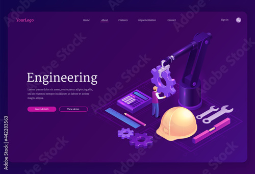 Engineering isometric landing page. Engineer on robotics factory with robot arm holding huge gear, create electronics production on blueprint. Automation, smart industrial cyborg, 3d vector web banner