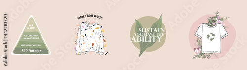 sustainable textile, slow fashion icons and symbols. concept of recycling, up cycling, reuse, hand made, slow fashion, fair trade, responsible materials, made from waste, eco friendly fabric clothing