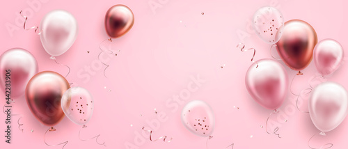 Vector birthday elegant greeting card or banner with golden, pink and white balloons and falling confetti. Vector illustration