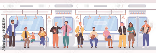 Crowd of people go by public transport metro. Passengers inside city bus subway train. Man woman children pet at train interior communicate, reading book, listen to music, man playing accordion