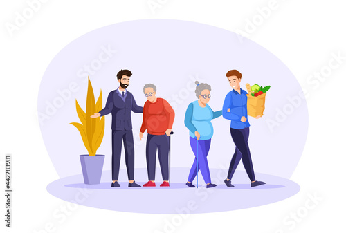 International volunteering day. Social workers taking care about seniors people. Volunteers caring for elderly person. Healthcare help service for diverse senior man and woman.