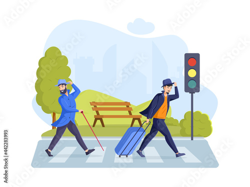 Modern travel people case suitcase hustle crossing avenue road crosswalk traffic light