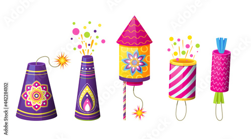 Set of petards, cracker and fireworks. Collection of pyrotechnic equipment. Festival exploding