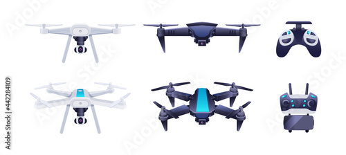 Collection of flying drones. Set modern electronic device for observation or surveillance from air