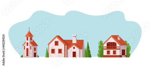 Different rural buildings. Rural landscape building of bricks and wooden architectural construction for living or manufacturing. Exterior of countryside cottage dwelling, church, house