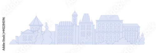 Fototapeta Naklejka Na Ścianę i Meble -  Urban historical buildings of abstract European city. Cityscape with small houses and towers. Facades of real estate in downtown. Monochrome flat vector illustration isolated on white background