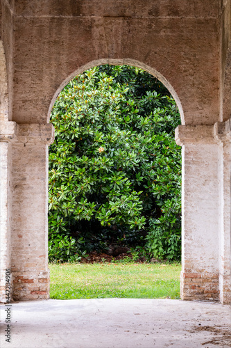 Antica arcata in muratura di pietra, sottoportico oltre al quale si vede una imponente albero di magnolia grandiflora in prato verde.