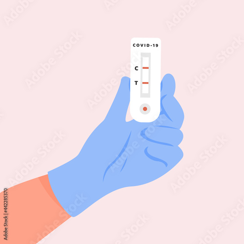 A doctor in latex gloves holding Covid-19 Rapid Antigen test. A nurse hand with Coronavirus Express Antidody Positive blood test result. Vector Illustration isolated on background. photo