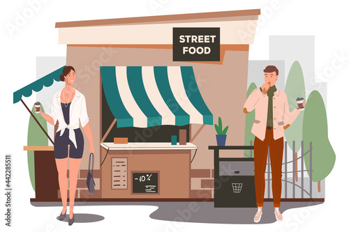 Street food shop building web concept. Man and woman eating breakfast, drinking coffee in street cafe. Customers at cafeteria. People scenes template. Vector illustration of characters in flat design