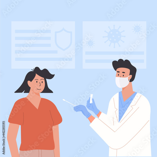 A doctor or male nurse wearing face mask and latex gloves taking nasal PCR swab test from woman patient at clinic. Covid-19 PCR diagnostic procedure. Vector Illustration in flat style.