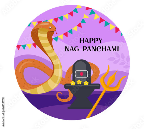 Happy Nag Panchami greeting card with king cobra. Snake Festival in India. Vector illustration. photo
