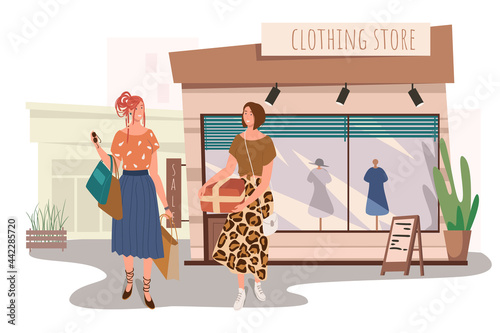 Clothing store building web concept. Two women buying stylish clothes in boutique. Girlfriends meeting and shopping together. People scenes template. Vector illustration of characters in flat design