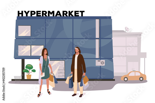 Hypermarket store building web concept. Customers shopping, making purchases. Buyers standing with bags at entrance to store. People scenes template. Vector illustration of characters in flat design