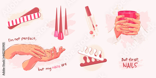 Set of hand drawn manicured hands and manicure tools isolated on background. Vector illustration