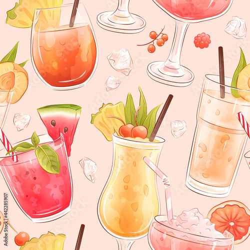 Seamless pattern with hand drawn summer cocktails, fruit, berries and ice. Vector illustration