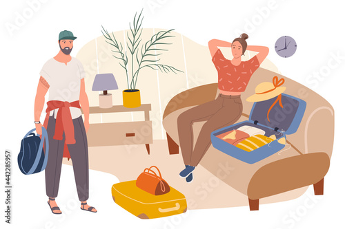 Summer travel web concept. Couple packing clothes in suitcases and going on vacation. Man and woman go at resort together. People scenes template. Vector illustration of characters in flat design