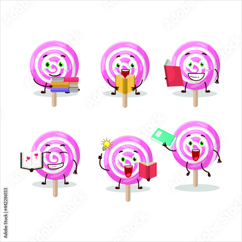 A picture of lolipop spiral cartoon character concept reading an amusing book. Vector illustration