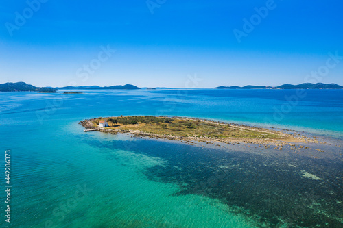 Aerial view of beautiful islands on Adriatic sea in Croatia, near town of Pakostane