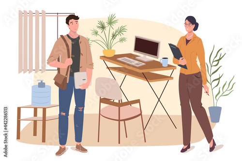Workplace web concept. Employees in office together. Man and woman colleagues stand near desk with computer and water cooler. People scenes template. Vector illustration of characters in flat design