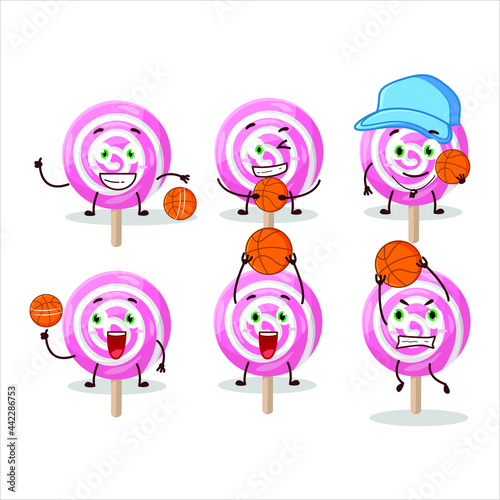 Talented lolipop spiral cartoon character as a basketball athlete. Vector illustration